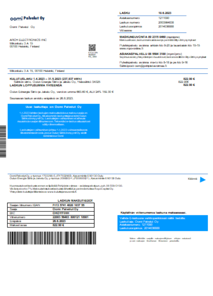 Oomi Palvelut Oy electricity utility business bill,  SCR PSD template